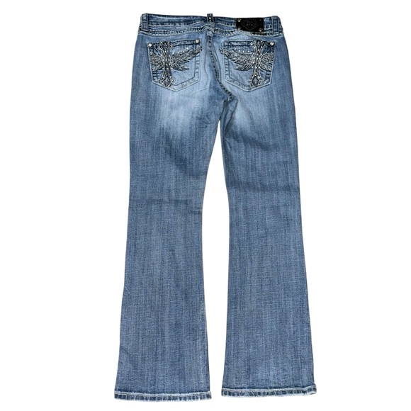 Miss Me Easy Boot 28 Med Wash Studded Cross Bling Bootcut Jeans - Picture 3 of 9